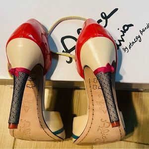 Elegant Red & Cream Peep-Toe Stiletto Heels by Alice & Olivia by Stacey Bendet